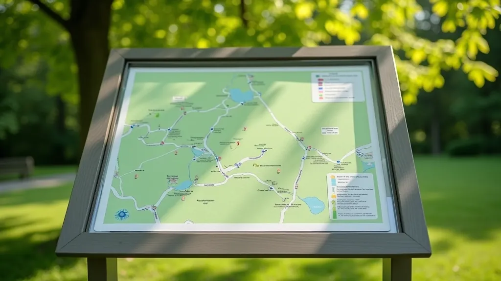 Parka karte, kas redzama uz informatīvā stenda, maršruta plānošana